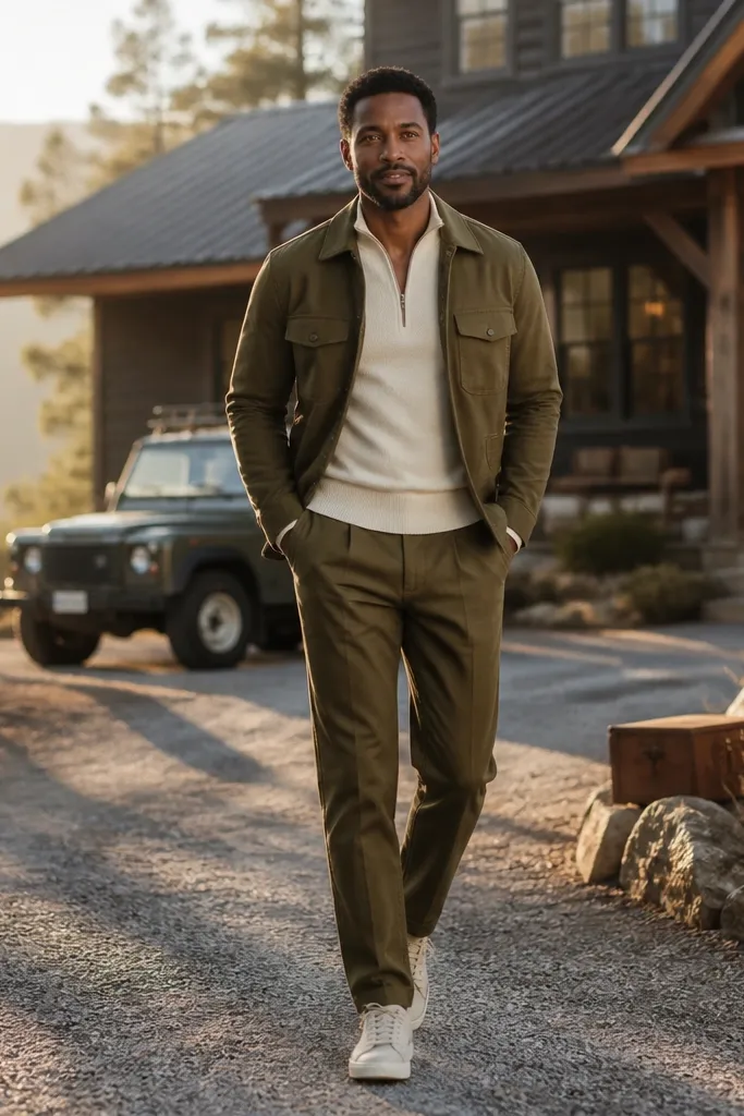 Olive suit jacket with a quarter-zip knit polo and off-white sneakers