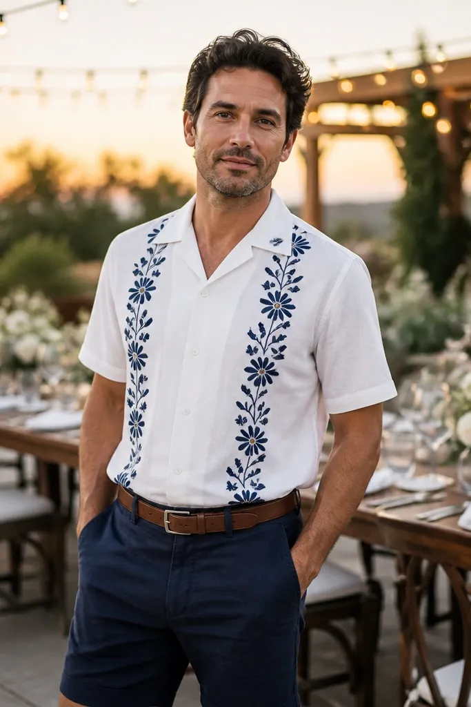 White embroidered short-sleeve shirt with navy shorts and a leather belt