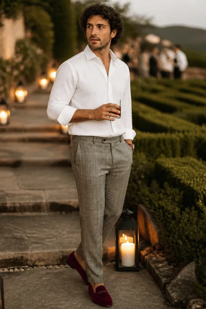 Gray check linen trousers with a white shirt and burgundy suede loafers