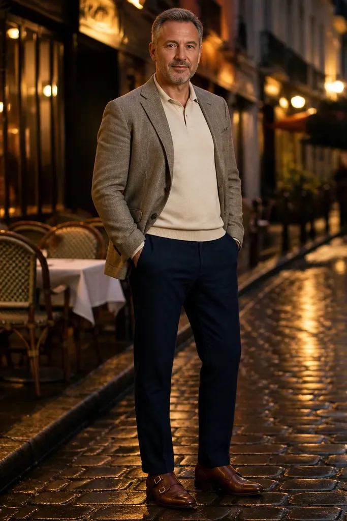 Cream knit polo under a blazer with navy trousers and brown monk straps