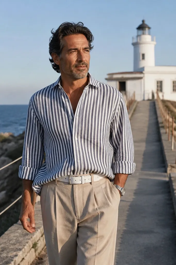 Navy and white striped linen shirt with tan pleated trousers and white belt