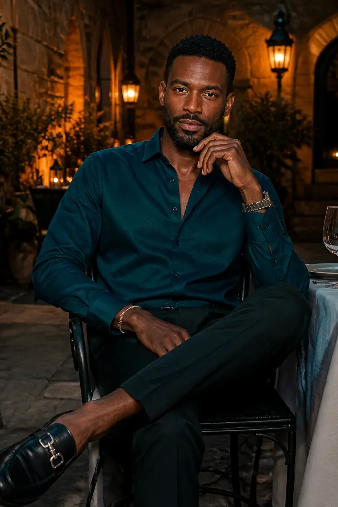 Deep teal linen shirt with black trousers and silver buckle loafers