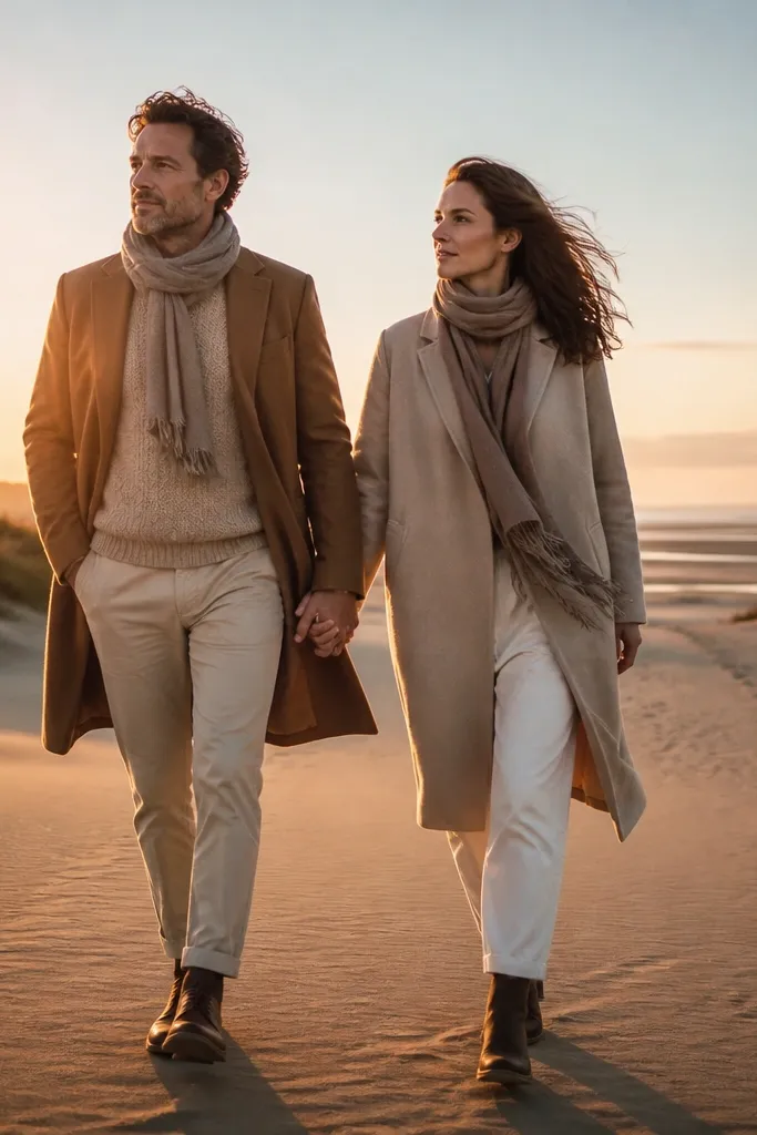 Couple walking hand-in-hand on a sandy dune path with long shadows