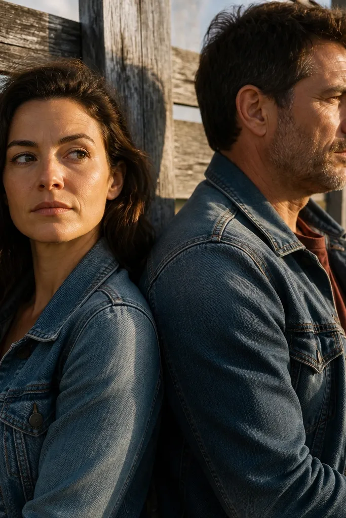 Couple back-to-back leaning on a wooden fence, warm light behind them