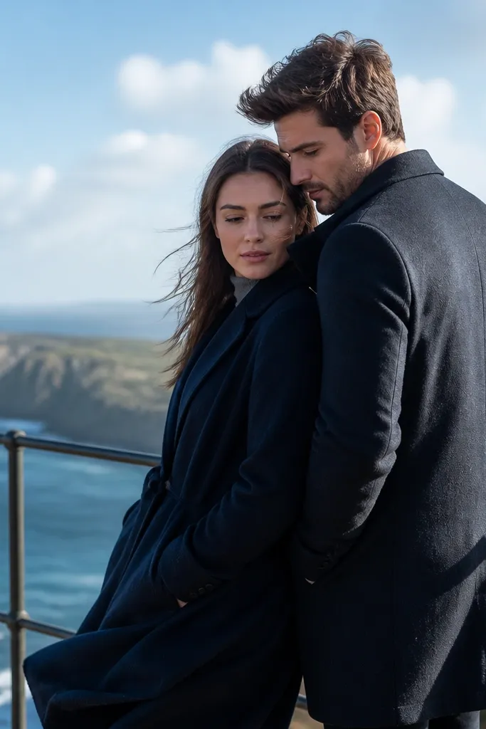 Couple near a cliff edge with one slow turn toward the camera