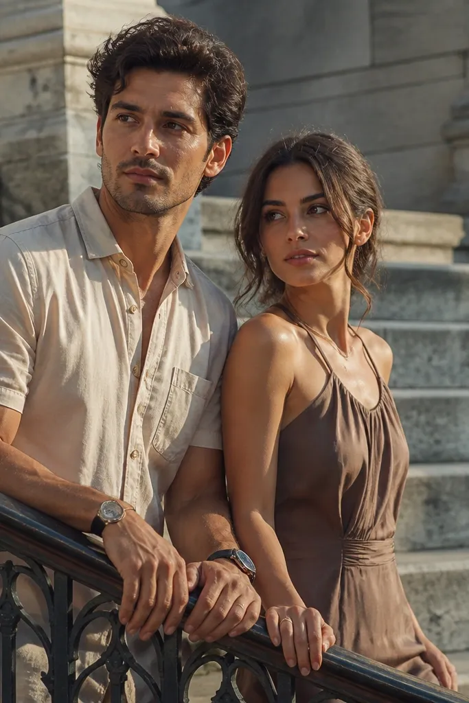 Couple pausing on stone steps with hands resting on a railing