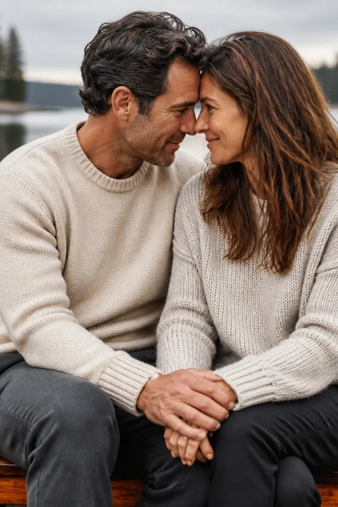 Couple close together near a rowboat at a dock with foreheads nearly touching