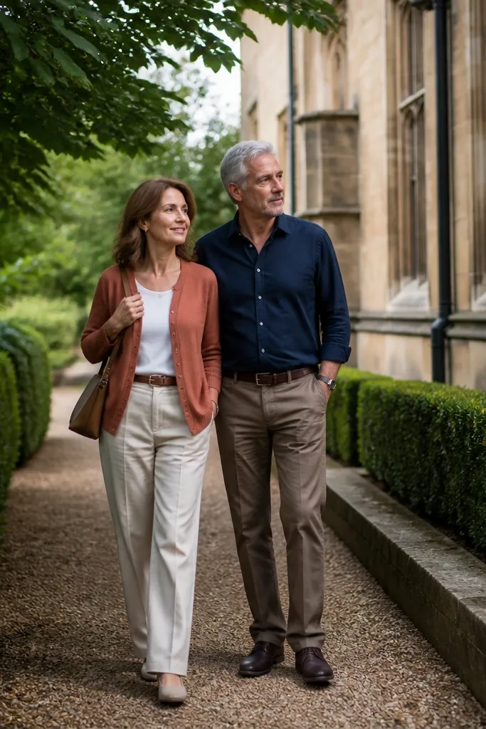 Couple walking slowly along a garden path with side angles and soft shade