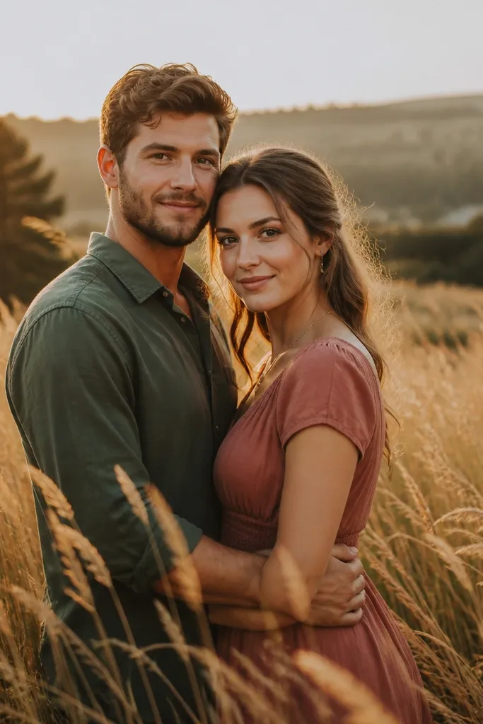 Couple standing in tall grass with arms wrapped around each other at golden hour