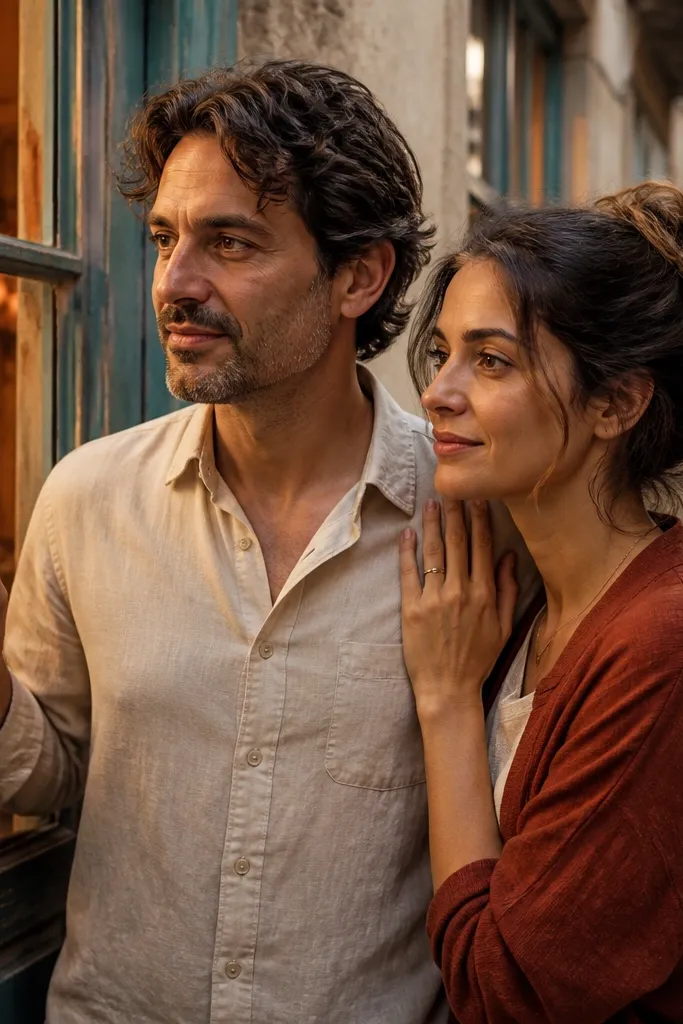 Couple in a narrow alley with hands on a window frame in warm light