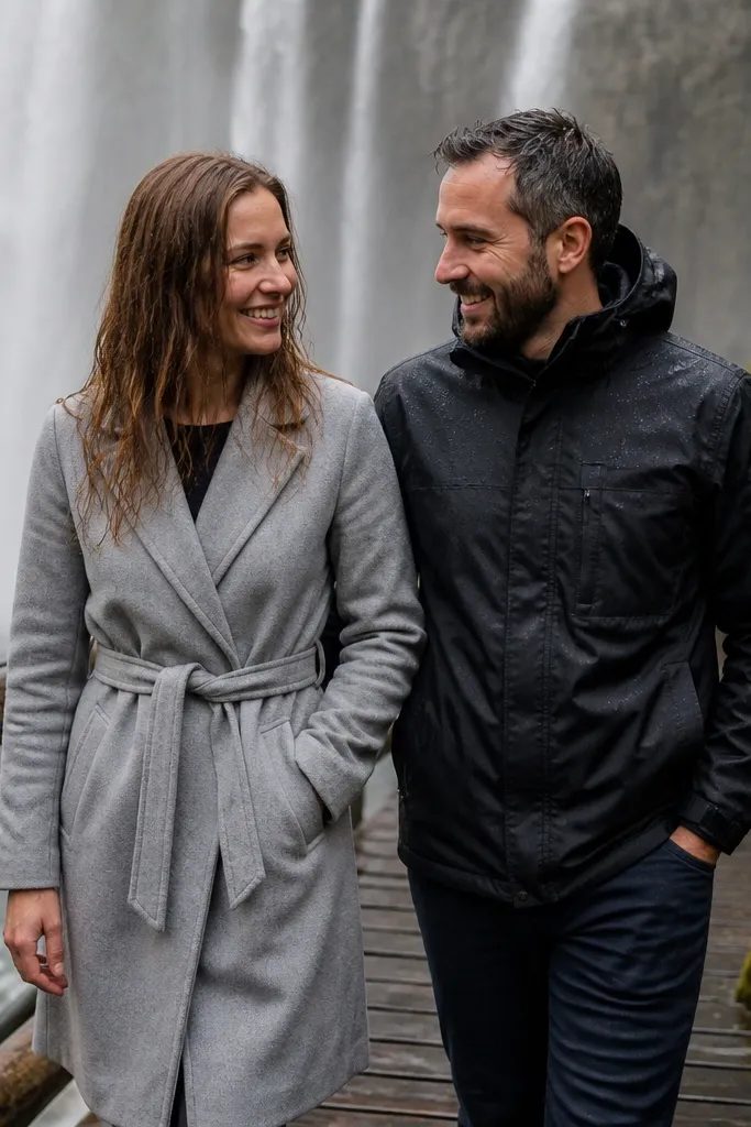 Couple on a boardwalk near a waterfall with forearms touching