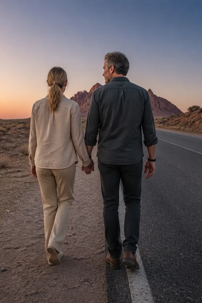 Couple walking along a quiet desert road shoulder toward the horizon