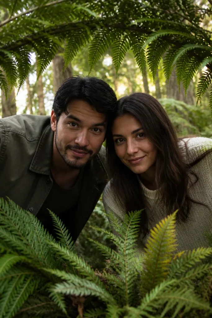 Couple peeking through fern leaves in a shaded forest arch