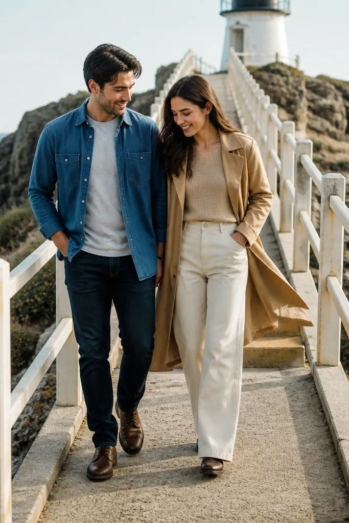 Couple on a lighthouse path with one hand in back pocket and soft smiles