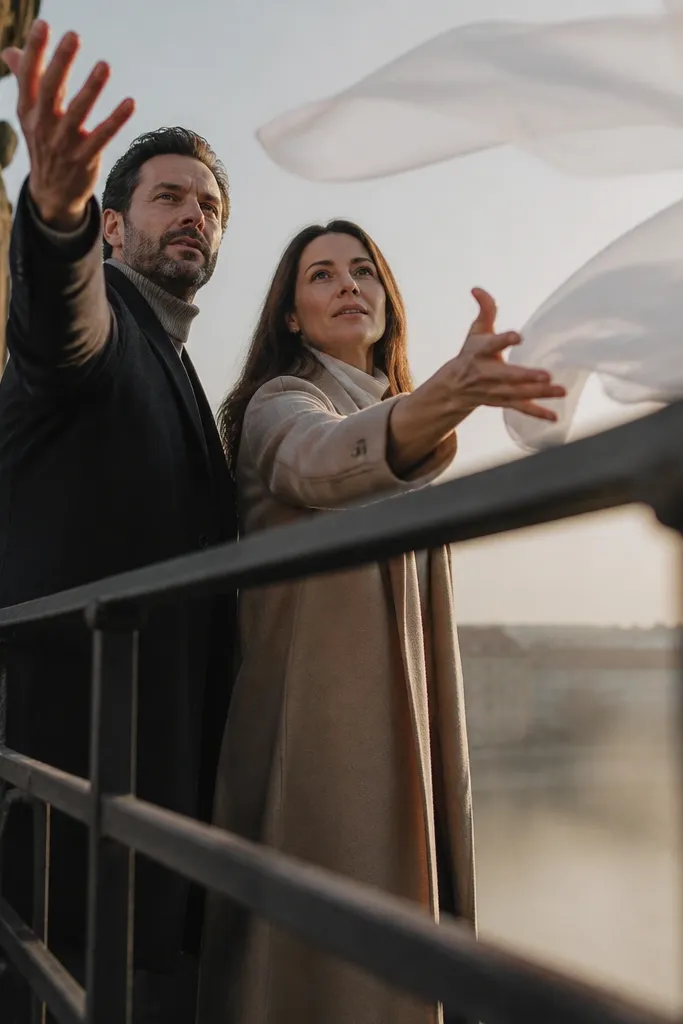 Couple on a bridge with a light fabric strip lifted between them
