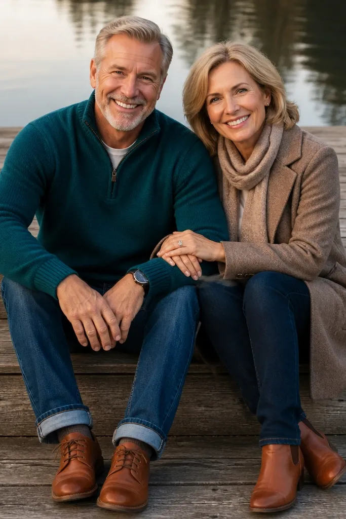 Couple sitting on dock steps with feet angled toward the camera