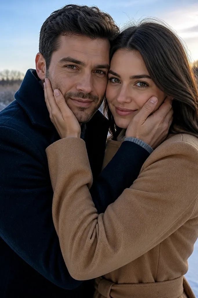 Couple in snowy outdoor path with hands on cheeks in soft morning light