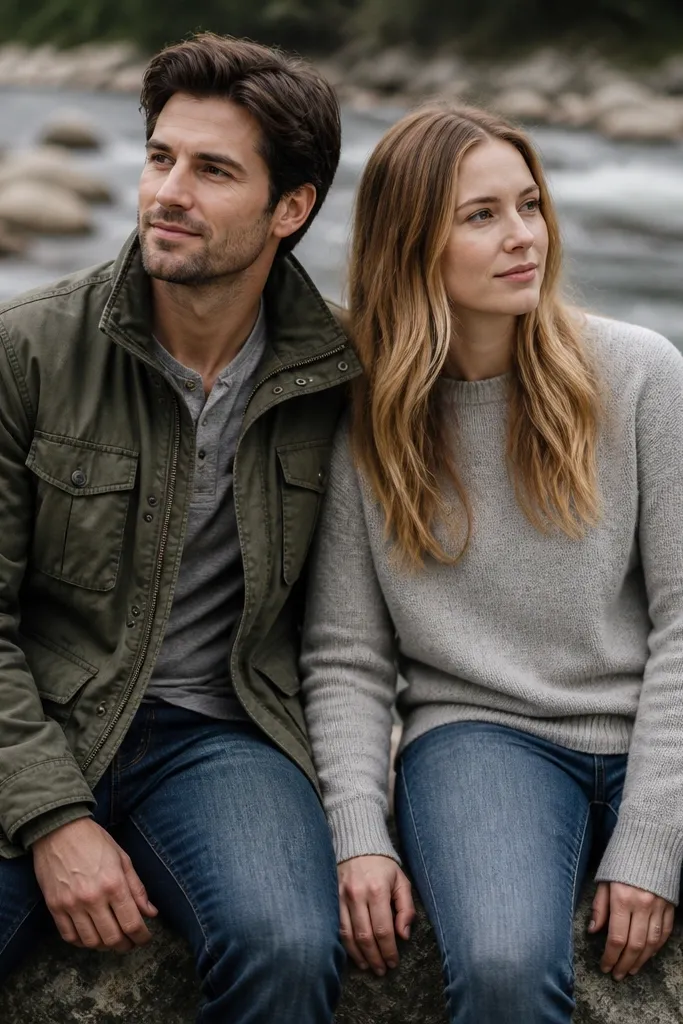 Couple sitting on river rocks side-by-side with hands touching