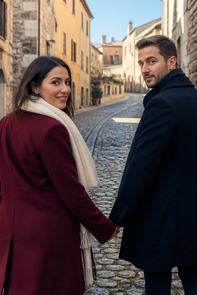 Couple walking in a cobbled lane with one looking back over shoulder