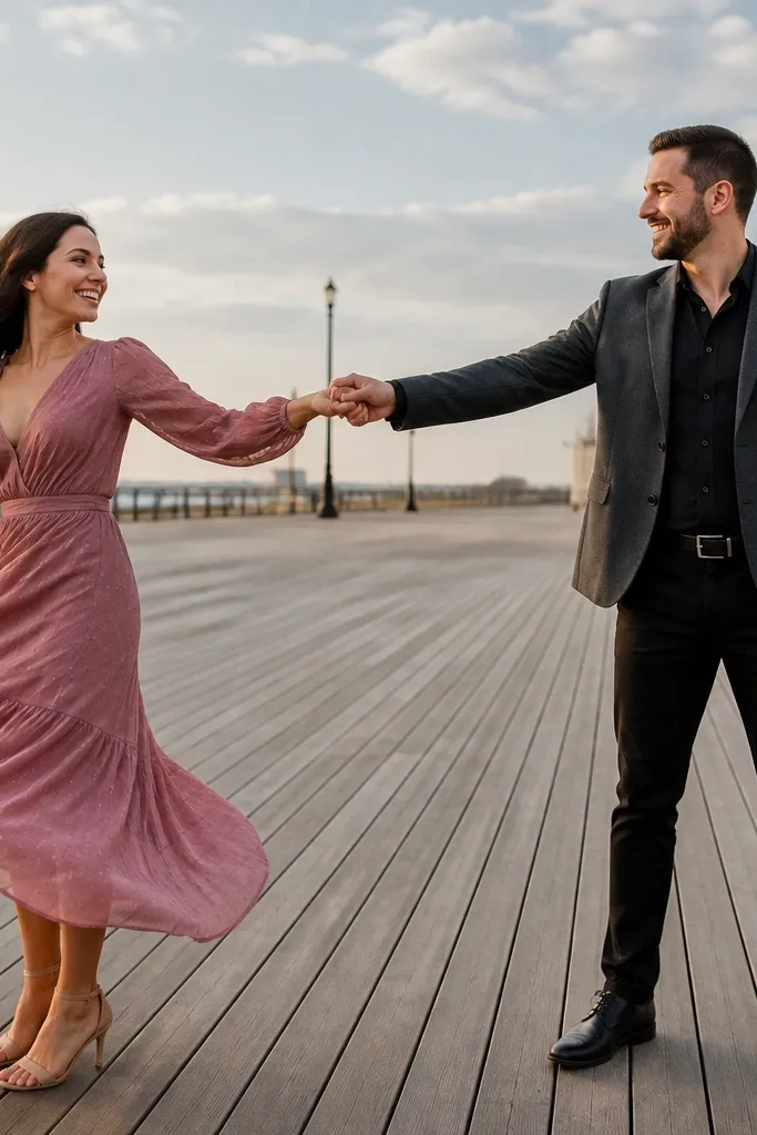 Couple on an empty boardwalk, one person mid-spin while the other holds them