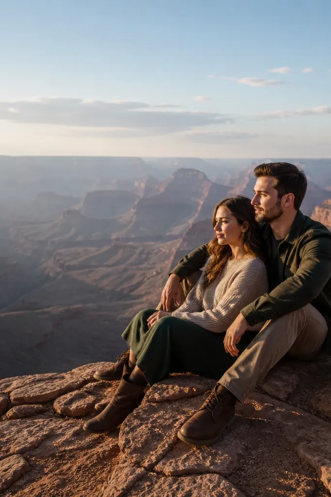 Couple sitting at a canyon rim with legs angled and close posture