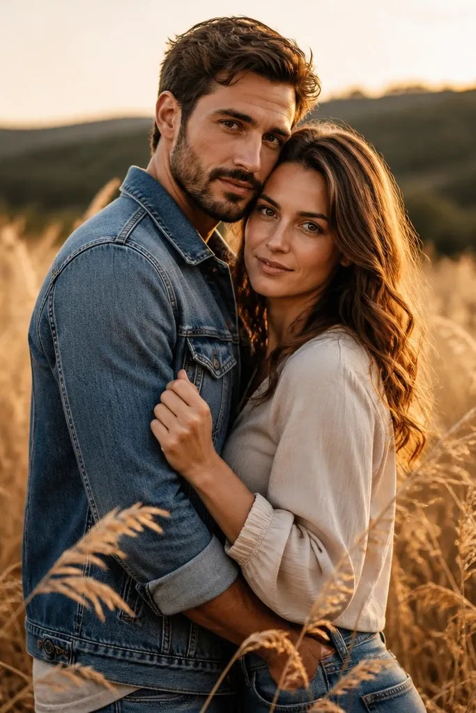 Couple in tall grass, one holding the other's denim jacket sleeve