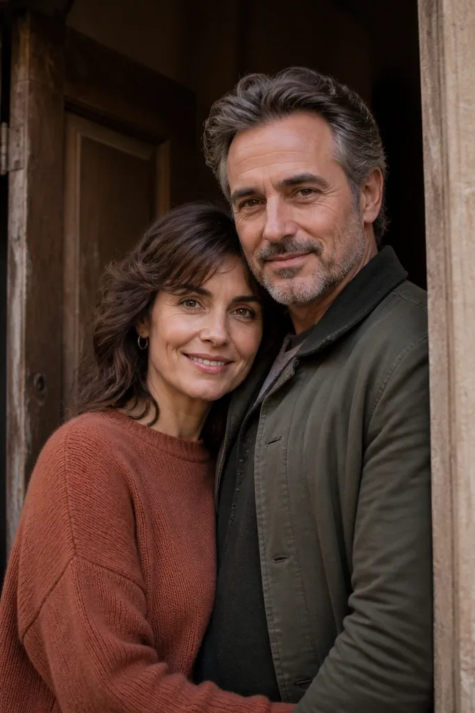 Couple leaning into an old doorway frame with faces close