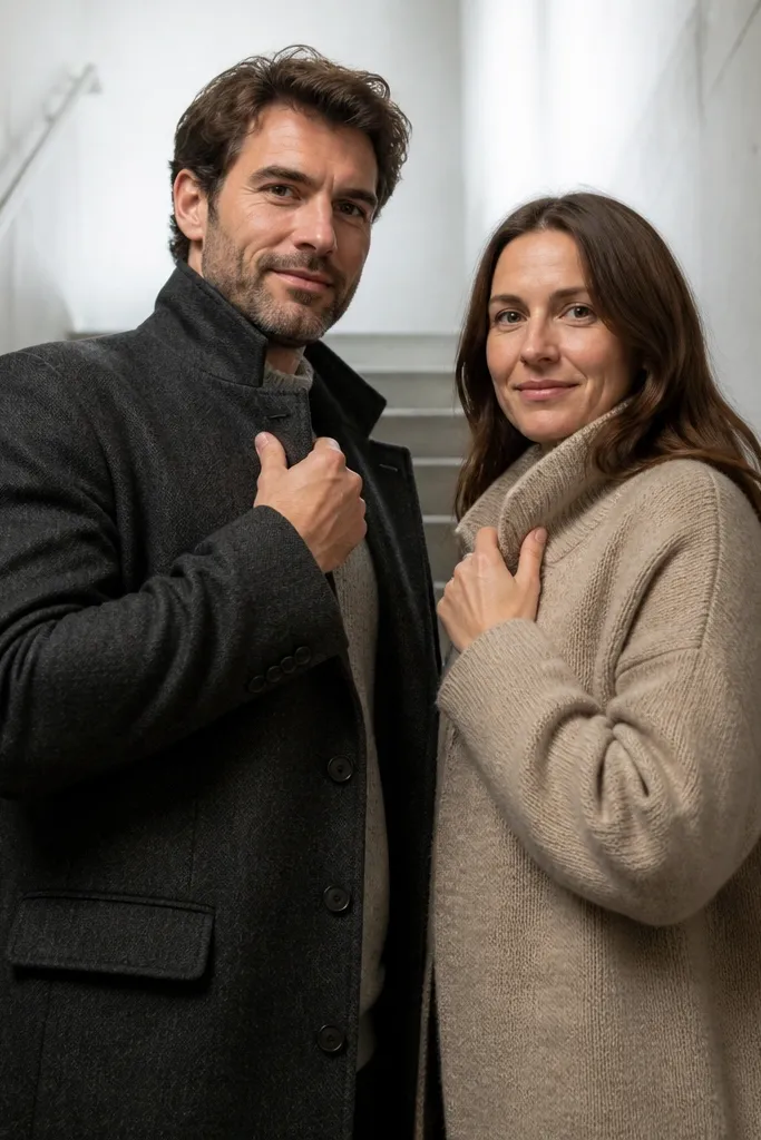 Couple standing in a stairwell with hands adjusting collar and gentle smiles