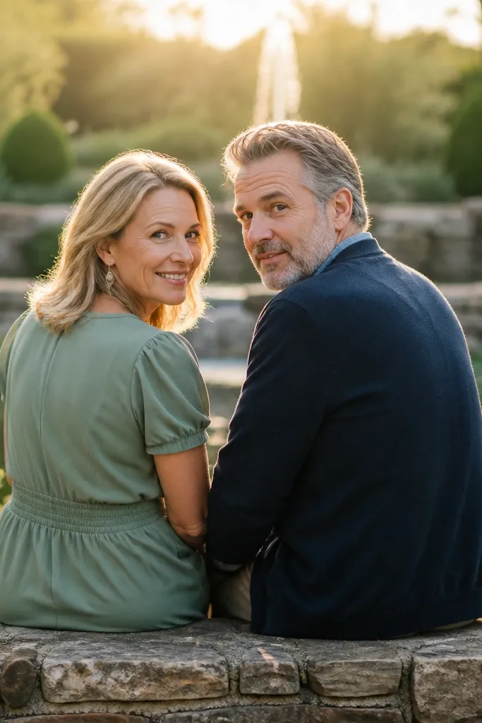 Couple sitting on a low wall in a courtyard, facing away with heads turned