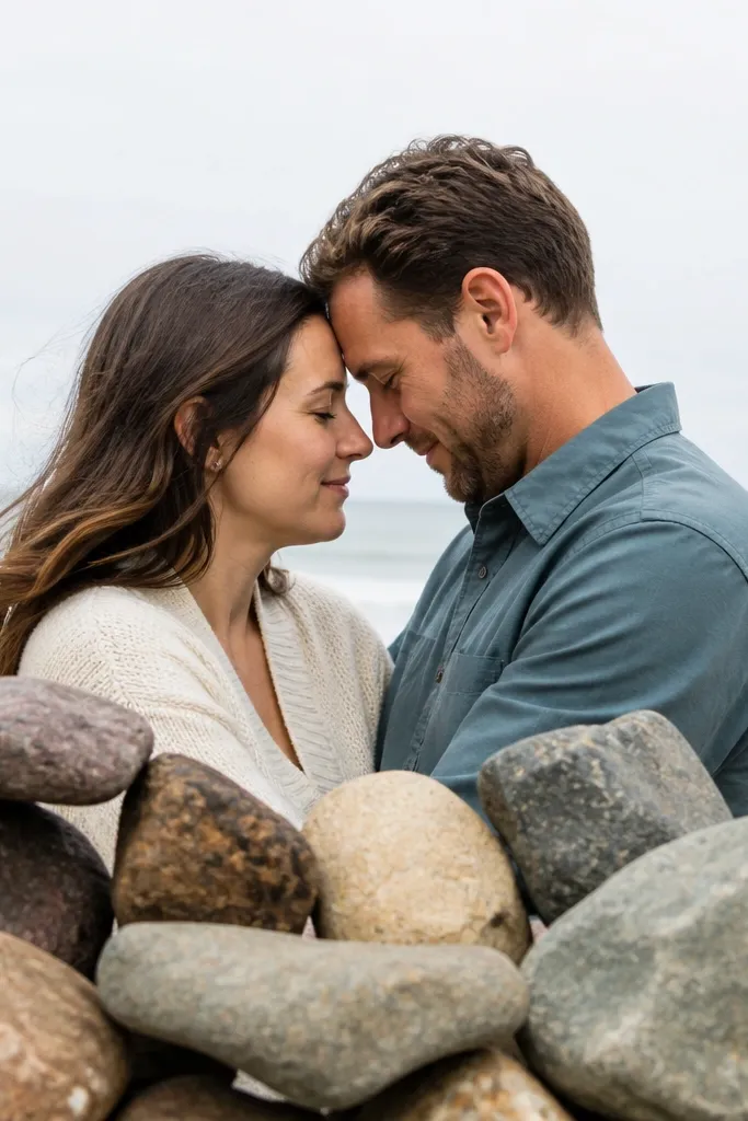 Couple with foreheads touching behind a stack of rocks on a quiet beach