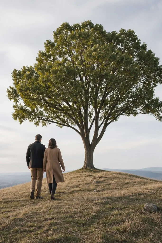 Couple walking toward a lone tree on a hill with warm sunset light