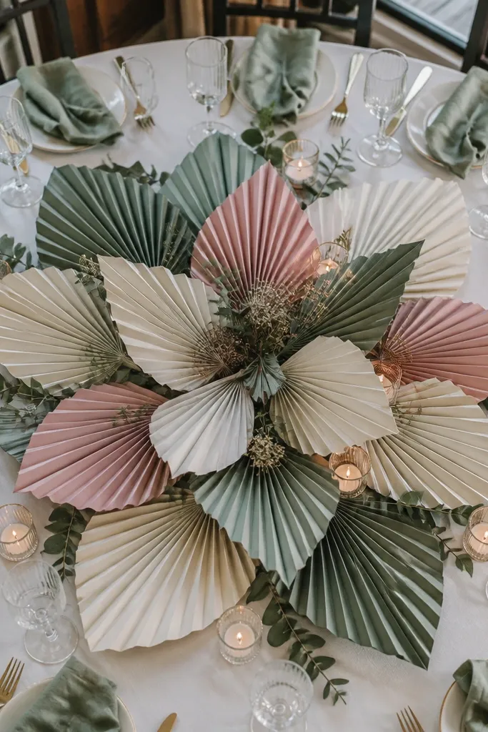 Muted green paper fans scattered around a small bud vase on a round table
