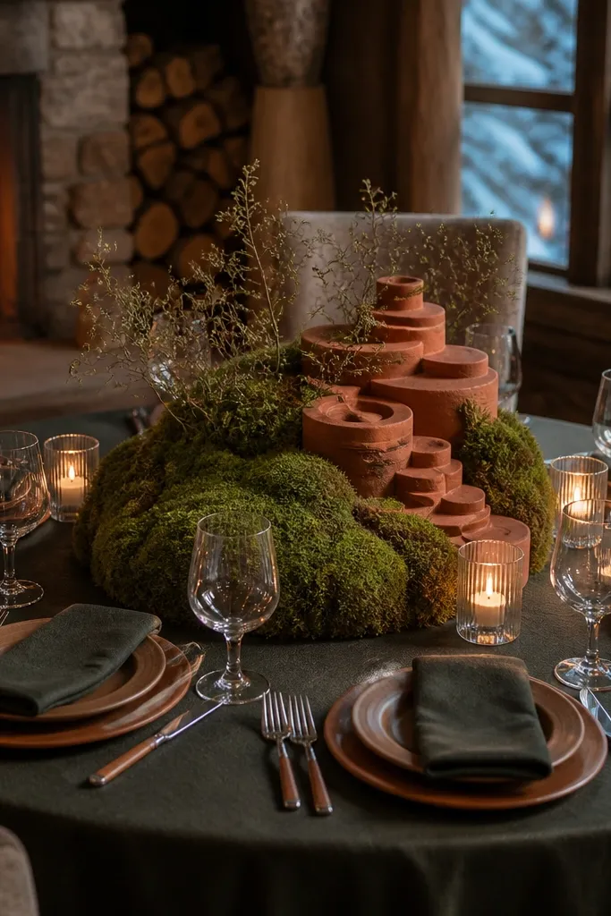Moss circle with small terracotta pieces and a tiny candle on a round table