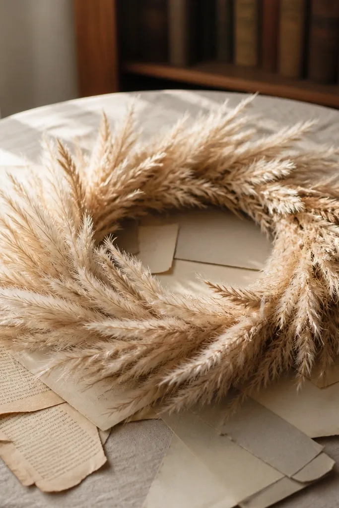 A ring of dried pampas with small book page scraps on a round table