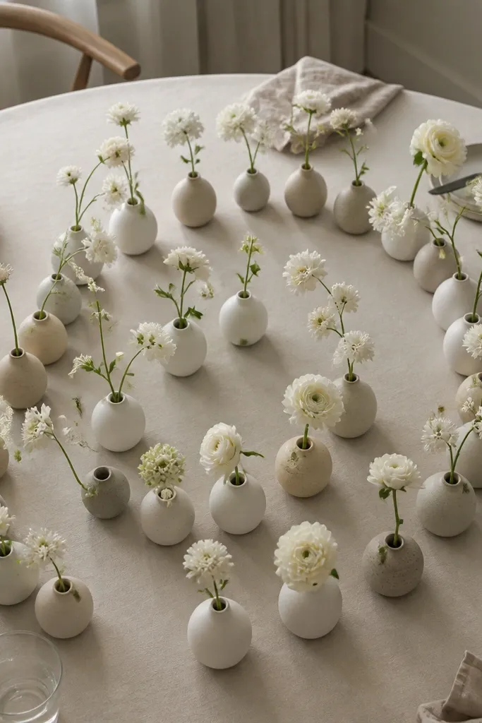 Matte ceramic bud vases arranged in a spiral with single stems on a round table