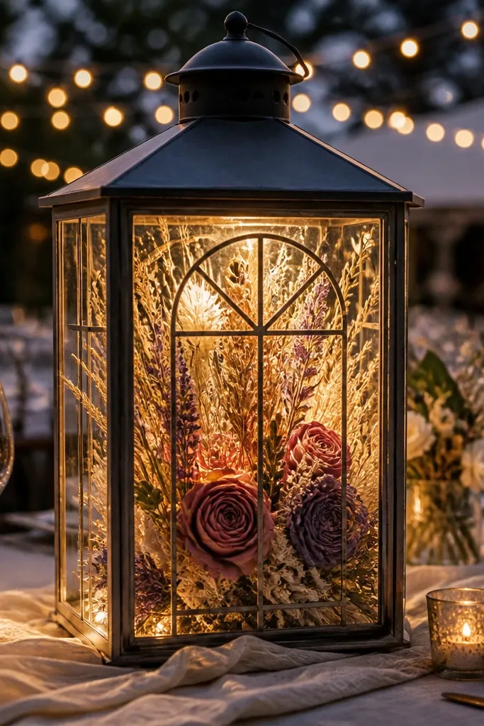 Metal lantern with dried flowers behind a glass panel on a round table