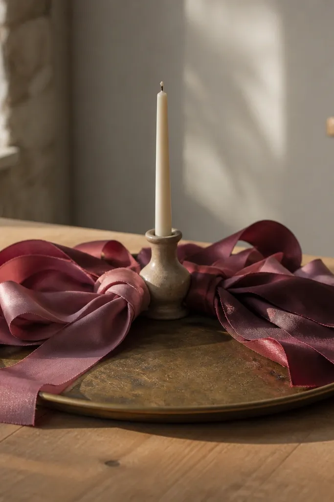 Hand-dyed ribbon draped across a round tray with one candle in the center