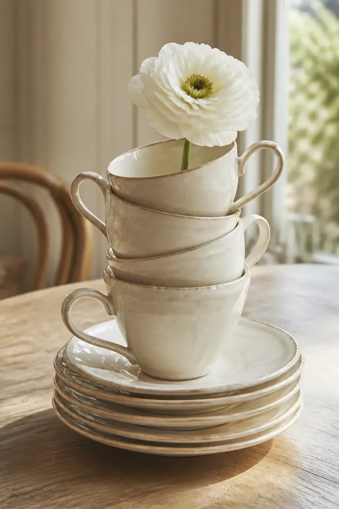 White teacup and saucer stack with one bloom in the center on a round table