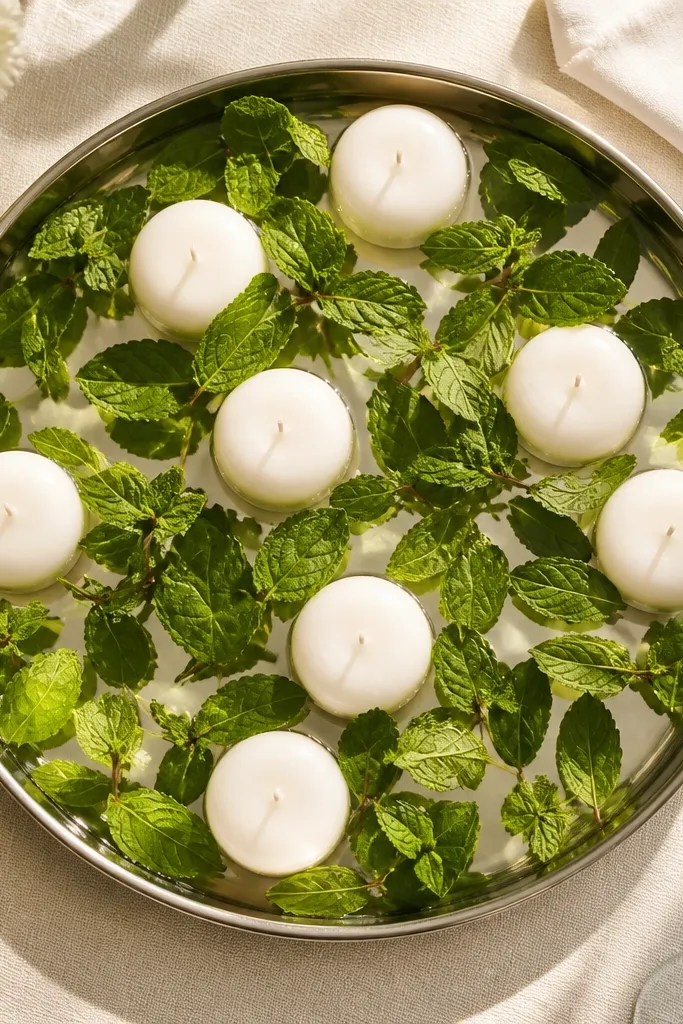Round tray with white candles surrounded by floating herb leaves