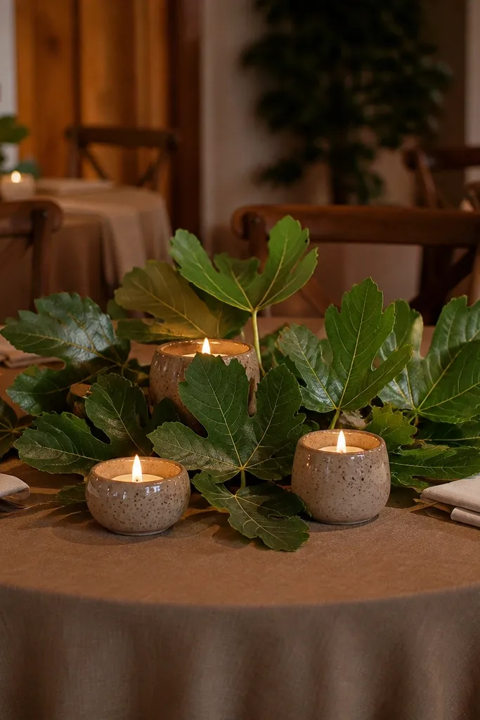 Stoneware candle holders surrounded by large fig leaves on a round table