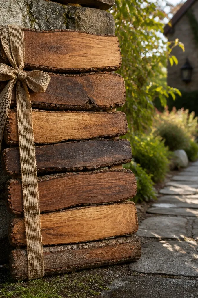 Round wood slices arranged behind a kraft welcome sign