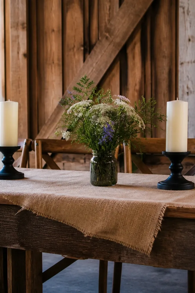 Burlap runner with slight drape over a table, warm candlelight