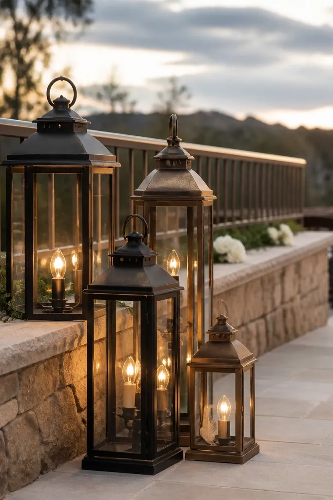 Three to five hanging lanterns grouped along a simple rail