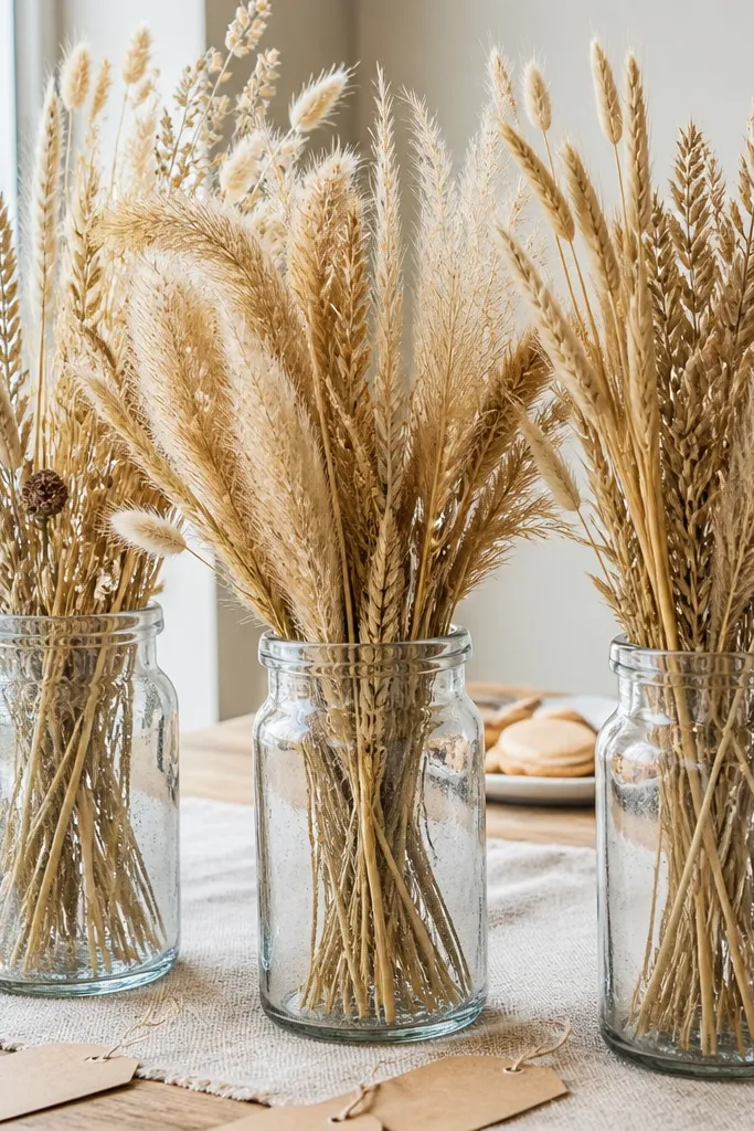 Dried grass stems arranged upright in clear glass jars