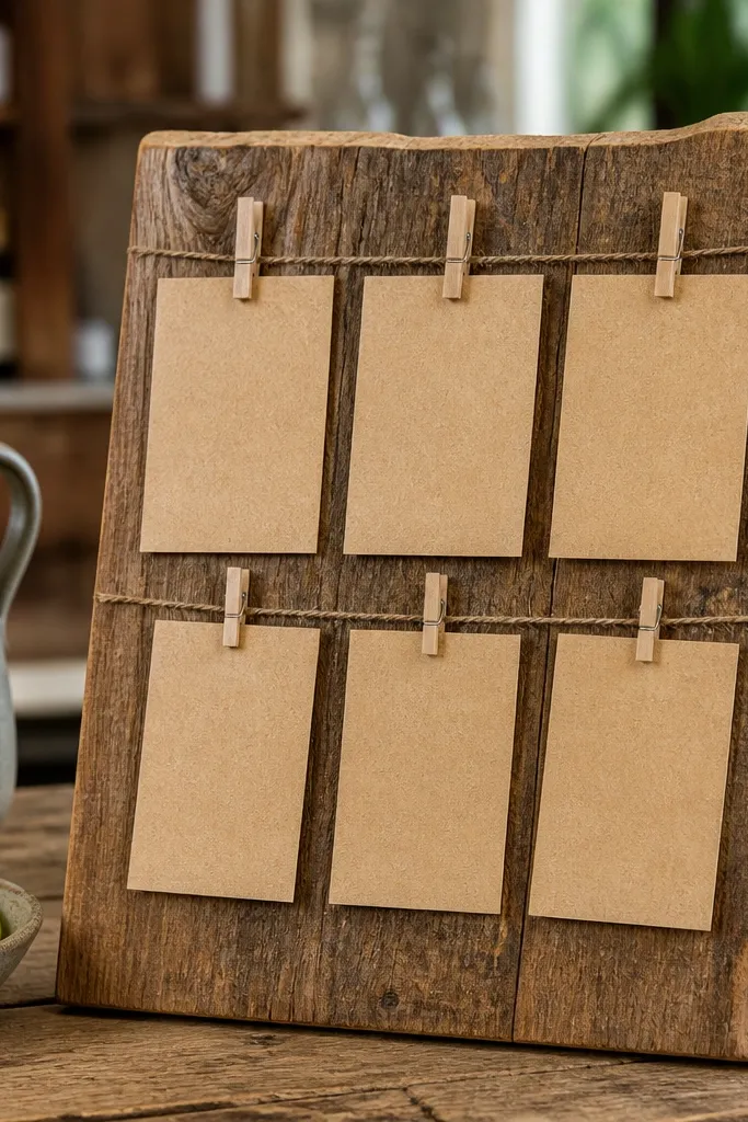 Kraft paper menus clipped onto a small rustic wood board