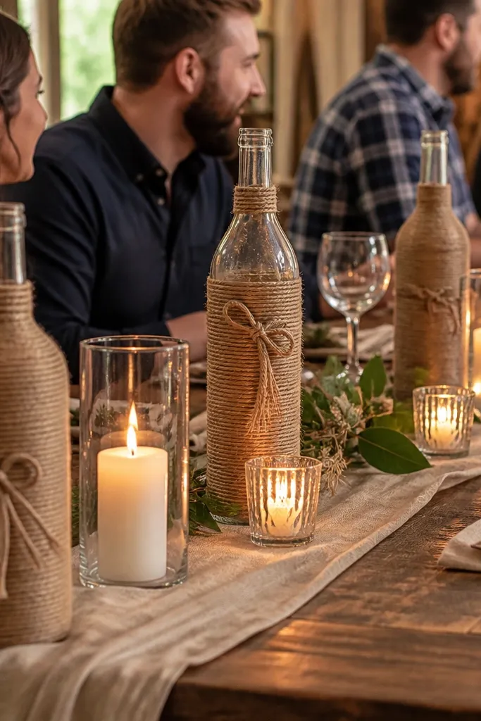 Bottles wrapped in twine with small candle and greenery accents