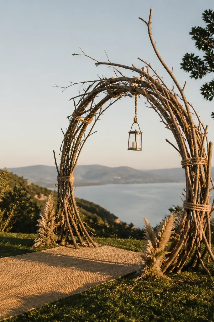 Half-moon arrangement of branches with dried greenery behind chairs