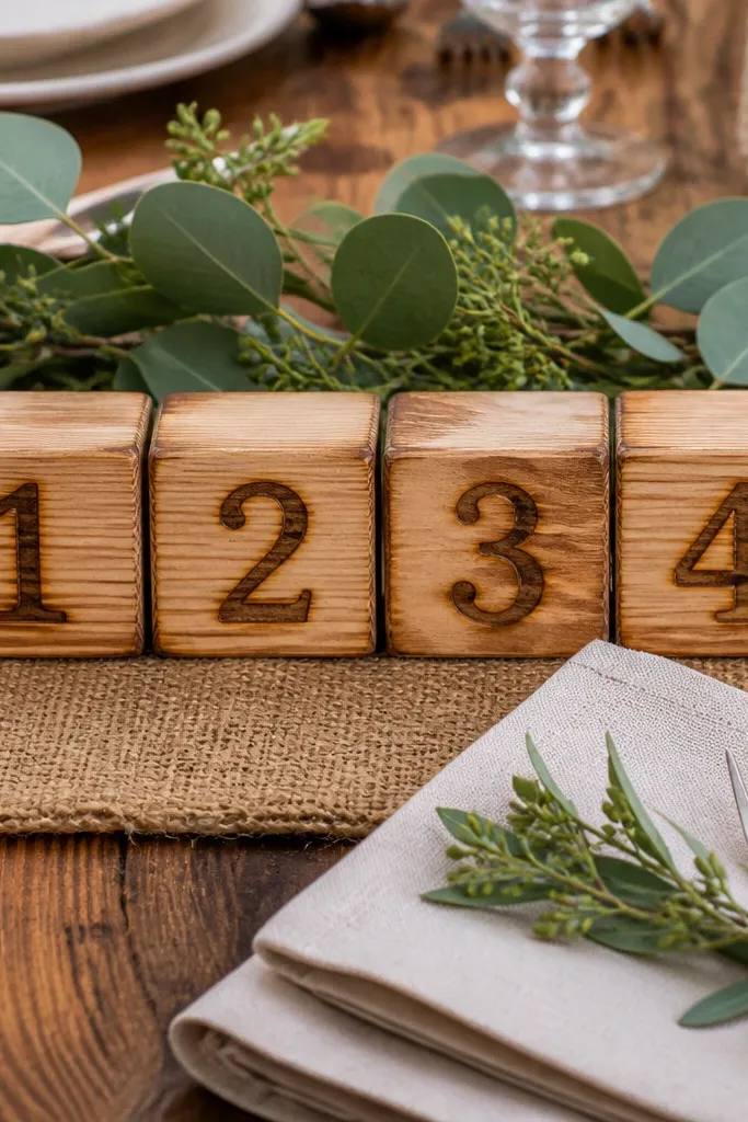 Wood blocks with dark table numbers standing at each place setting