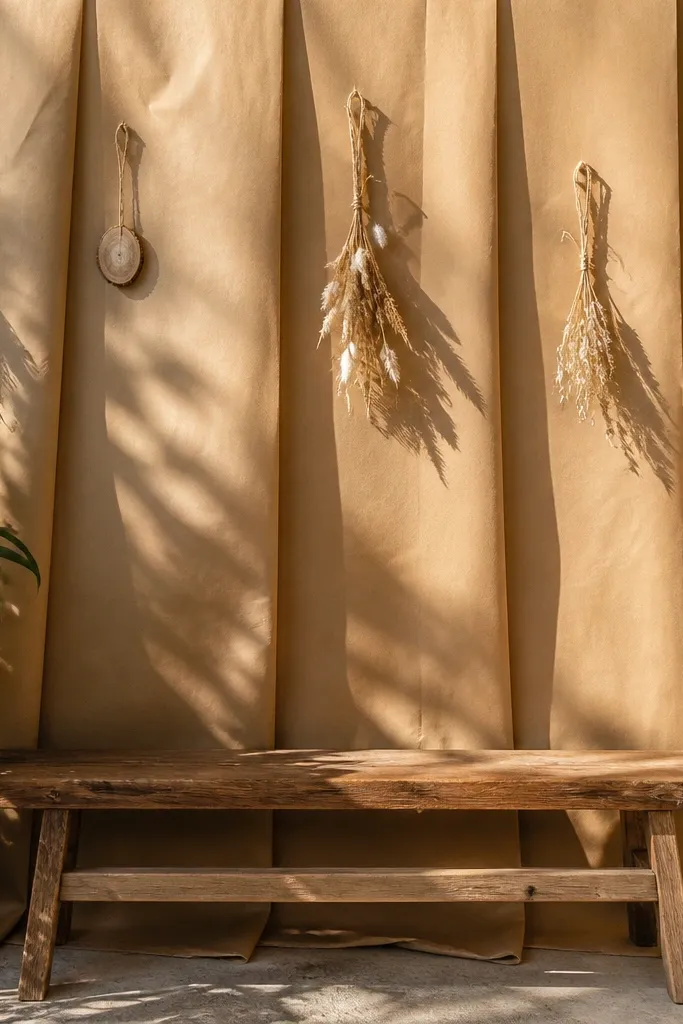 Kraft paper draped behind a small station with dried greenery