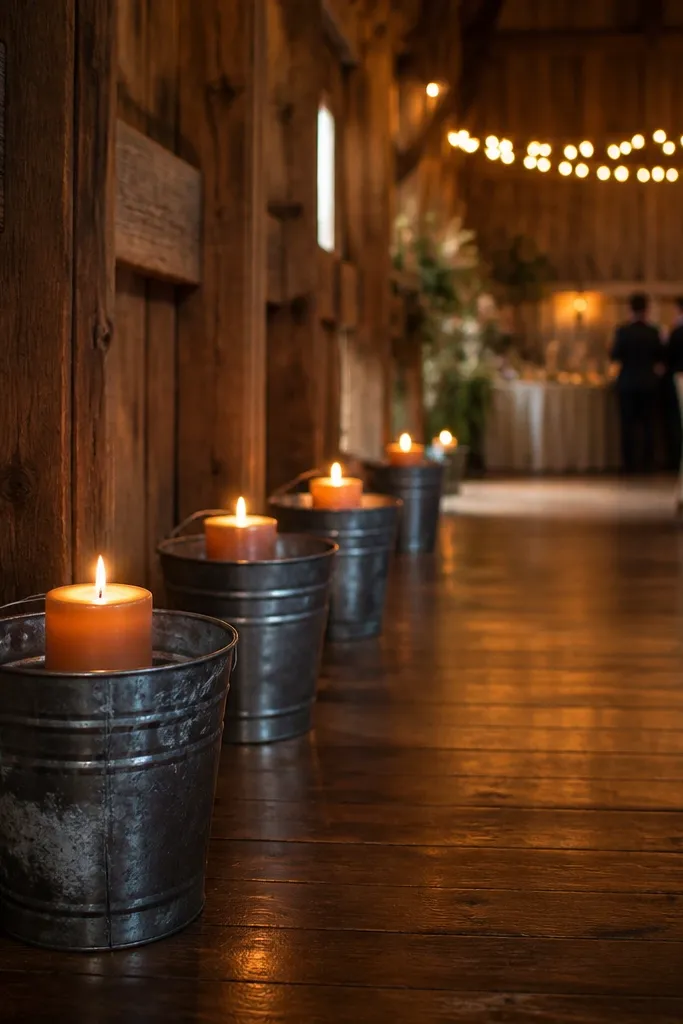 Tin pails holding pillar candles on a rustic table runner